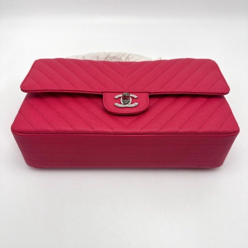 CHANEL 紅銀V紋荔枝牛皮CF中號肩背斜背包25*15*6.5 全新閒置配件盒子塵袋吊牌保卡-2