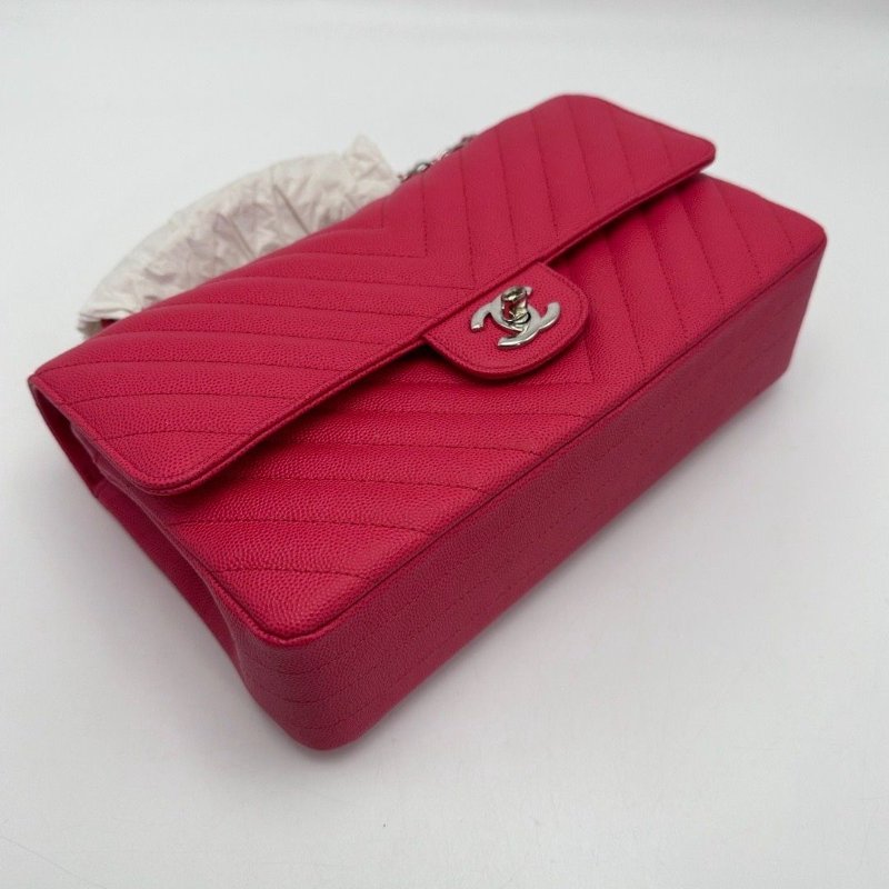 CHANEL 紅銀V紋荔枝牛皮CF中號肩背斜背包25*15*6.5 全新閒置配件盒子塵袋吊牌保卡-3