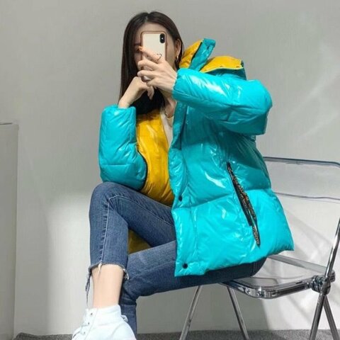 Moncler 湖水藍拼色亮面厚款羽絨外套00碼 98新配件塵袋衣架