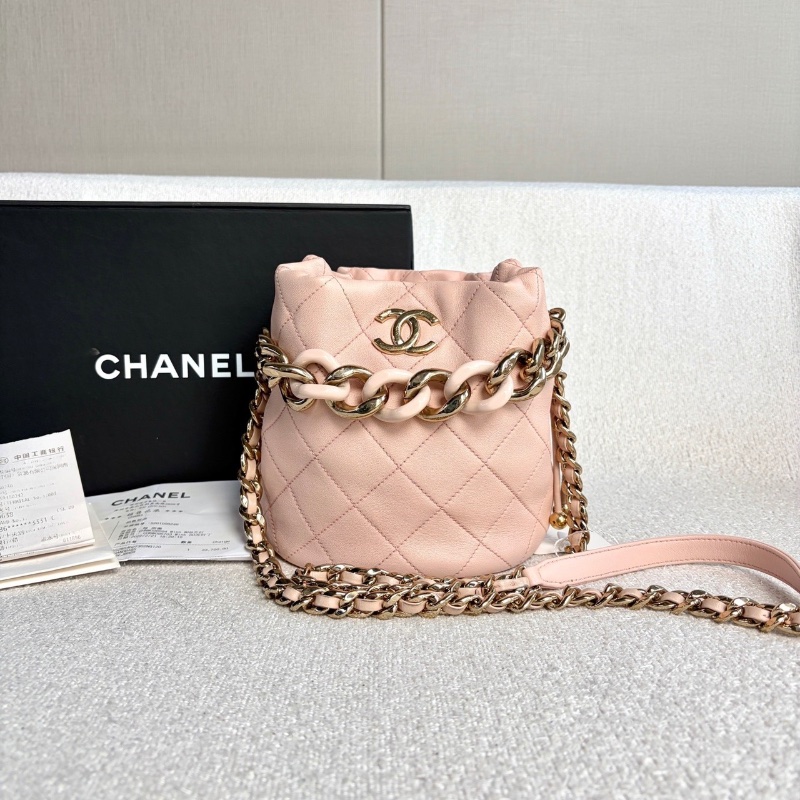 Chanel 琺瑯鏈條水桶包櫻花粉色金扣羊皮 芯片款 15*17*12.5 98新配件塵袋購證-1