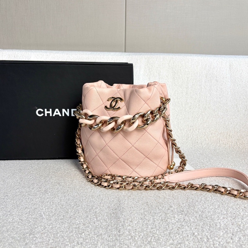 Chanel 琺瑯鏈條水桶包櫻花粉色金扣羊皮 芯片款 15*17*12.5 98新配件塵袋購證-3
