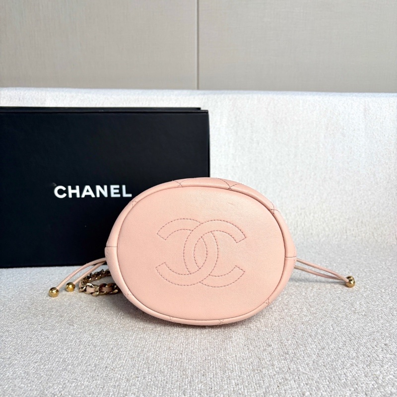 Chanel 琺瑯鏈條水桶包櫻花粉色金扣羊皮 芯片款 15*17*12.5 98新配件塵袋購證-4