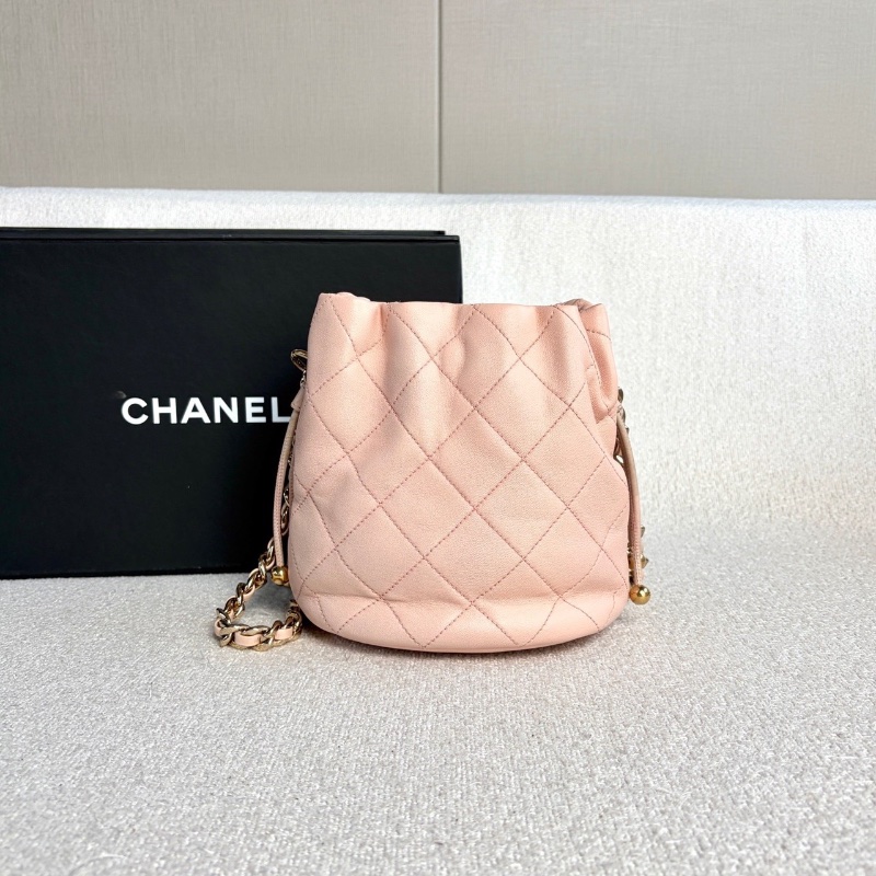 Chanel 琺瑯鏈條水桶包櫻花粉色金扣羊皮 芯片款 15*17*12.5 98新配件塵袋購證-6