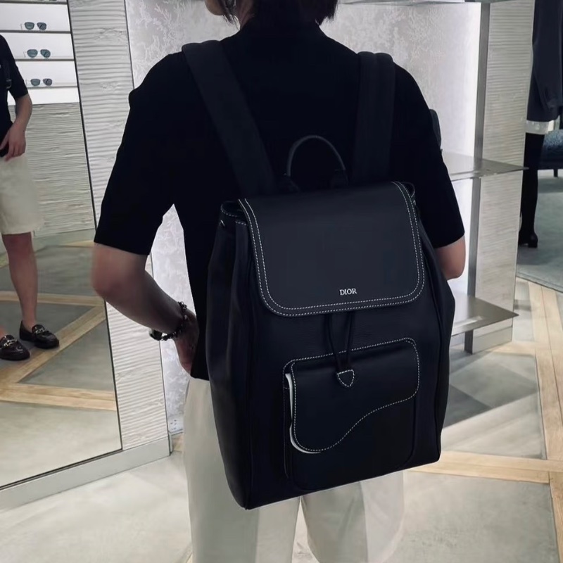 Dior Saddle系列馬鞍後背包黑銀白色縫線牛皮27*41*11  99新配件盒子塵袋-0
