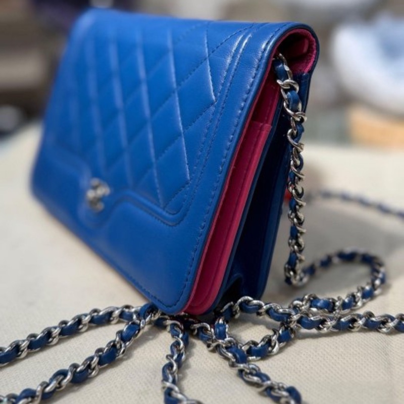 CHANEL 寶藍色 桃紅 銀扣 黛妃款 斜背包 側背包 WOC  🛫秒殺價 92新 超美 有防塵套 雷標 查碼  #快搶-2