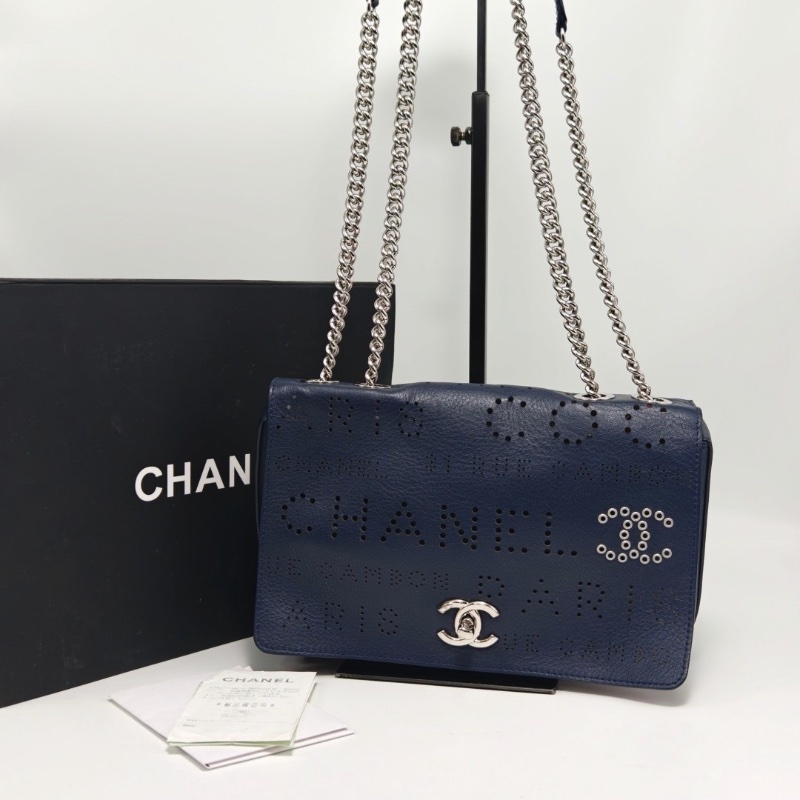CHANEL 限定藍銀鏤空CF肩背斜背鏈條包22*16*8 98新配件盒子購證塵袋-1