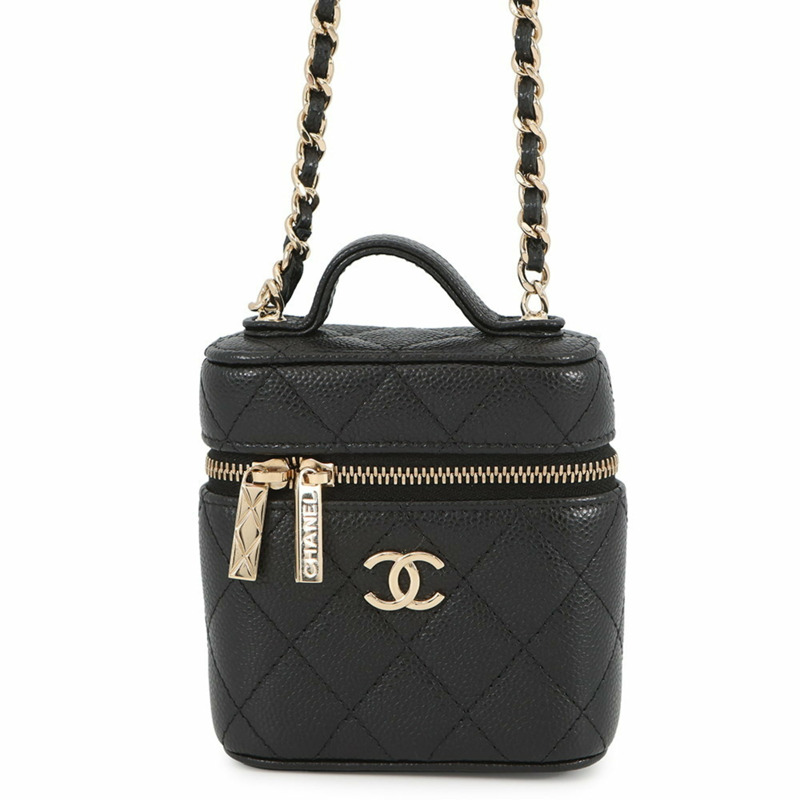 香奈兒鏈條化妝包 小號絎縫可可標誌魚子醬皮 AP2503 香奈兒肩包 黑色-0