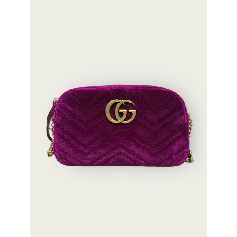 【包稅】GUCCI 紫色 GG Marmont 天鵝絨馬特拉塞凸紋小號肩包-0