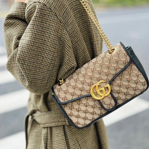 Gucci 黑棕色老花帆布Marmont26鏈條郵差包 26*16*7  98新配件塵袋