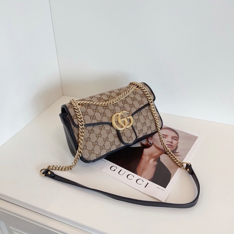 Gucci 黑棕色老花帆布Marmont26鏈條郵差包 26*16*7  98新配件塵袋-3