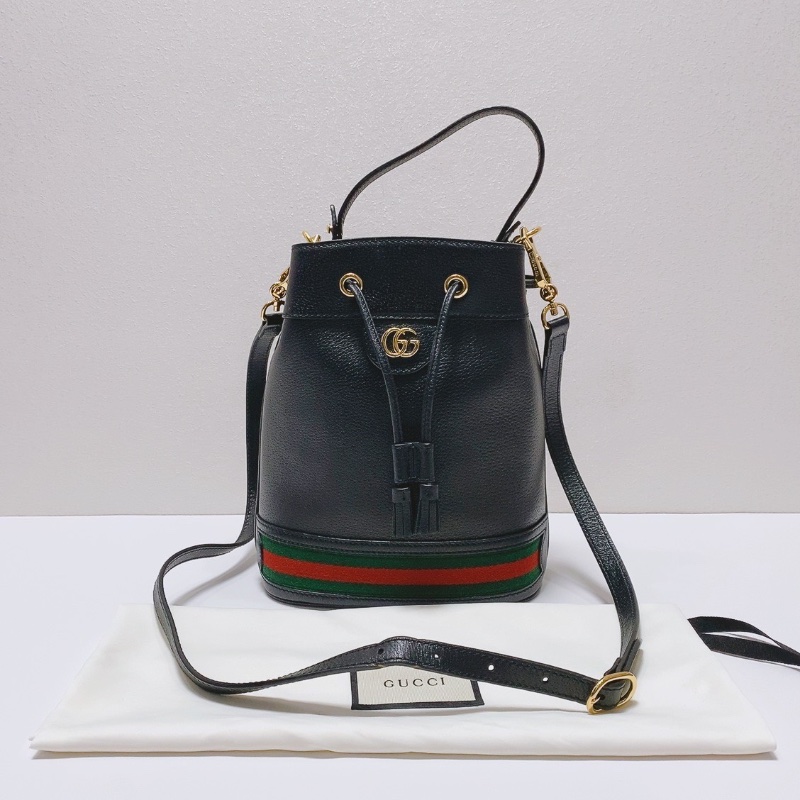 Gucci Ophidia黑色抽繩水桶包20x10x25 98新配件塵袋-1