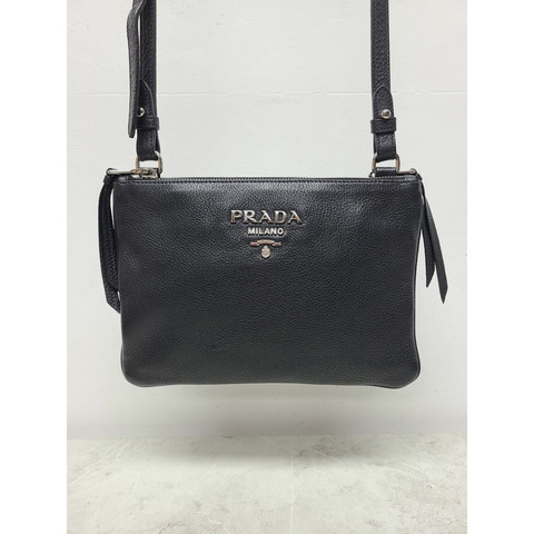 【包稅】PRADA 黑色 Vitello Phoenix 銀色 Logo 斜背包