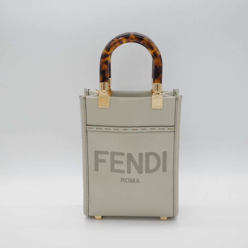 Fendi 芬迪 Sunshine Logo 淺綠色 牛皮 玳瑁紋 壓克力提把 托特包 肩背包-2