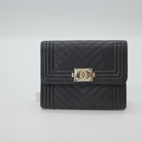 Chanel 香奈兒 Boy 黑色 荔枝紋小牛皮 三折短夾 卡包
