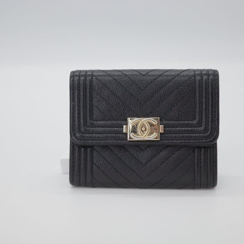 Chanel 香奈兒 Boy 黑色 荔枝紋小牛皮 三折短夾 卡包-0