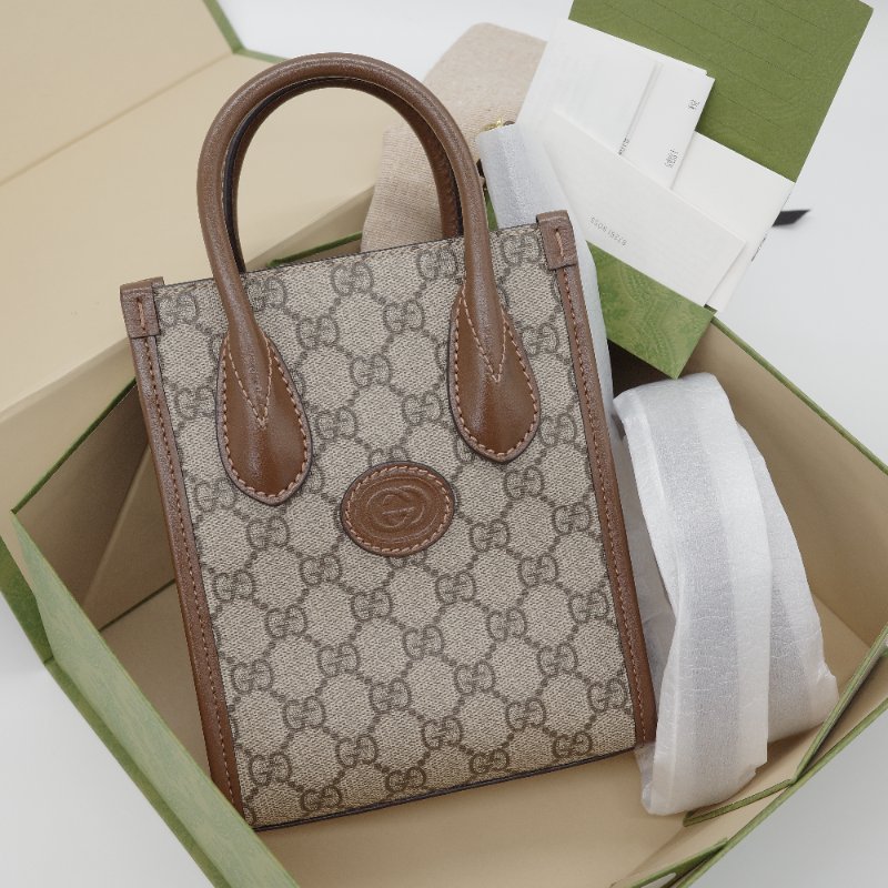 Gucci 古馳 Interlocking G 米色 棕色 GG Supreme 帆布 迷你 肩背包 托特包-0