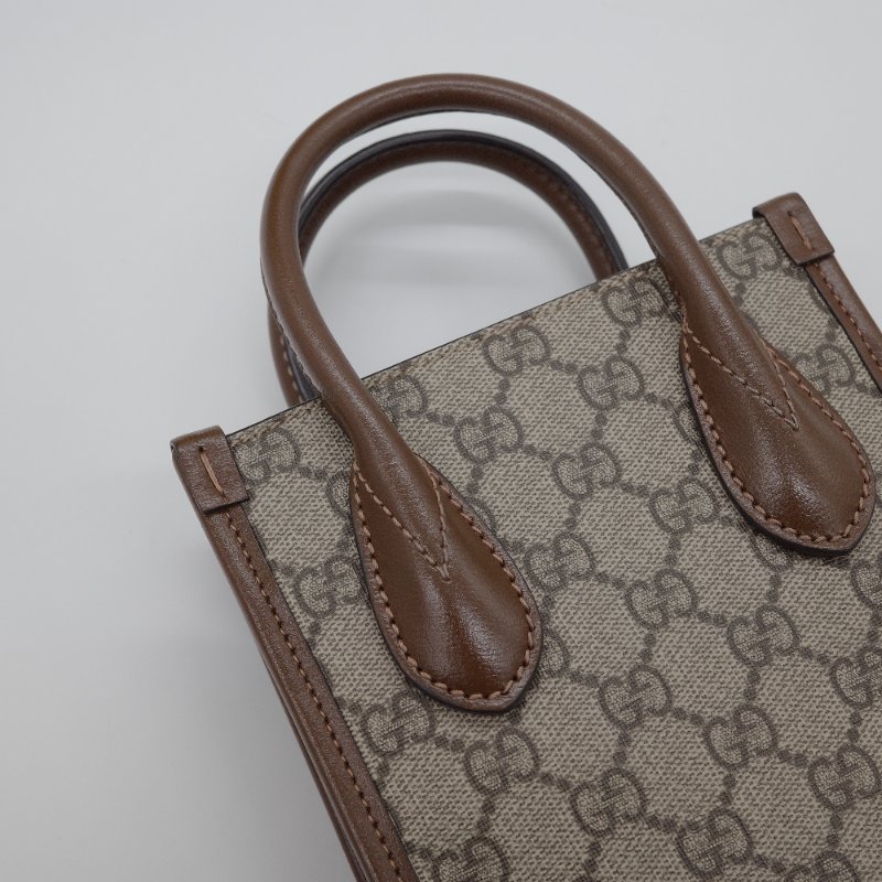 Gucci 古馳 Interlocking G 米色 棕色 GG Supreme 帆布 迷你 肩背包 托特包-5