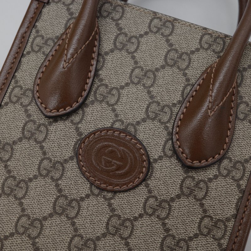 Gucci 古馳 Interlocking G 米色 棕色 GG Supreme 帆布 迷你 肩背包 托特包-6