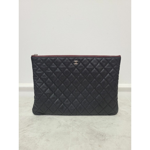 【包稅】CHANEL 黑色魚子醬銀色經典大手拿包內含晶片