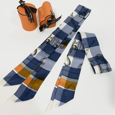 Hermes藍白橙方格馬弦釦圖案單條Twilly