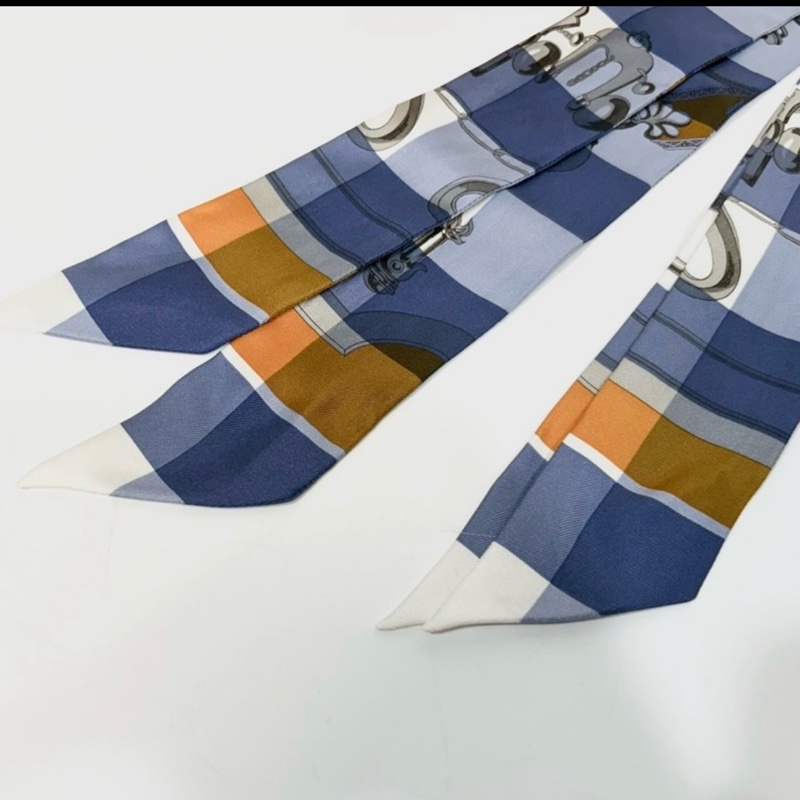 Hermes藍白橙方格馬弦釦圖案單條Twilly-2