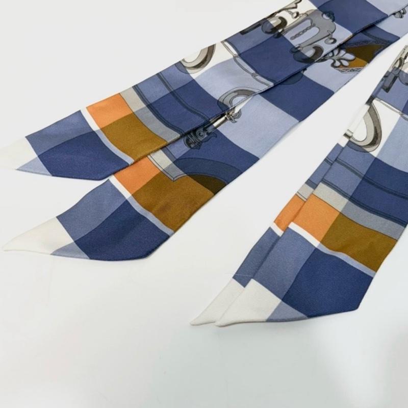 Hermes藍白橙方格馬弦釦圖案單條Twilly-2