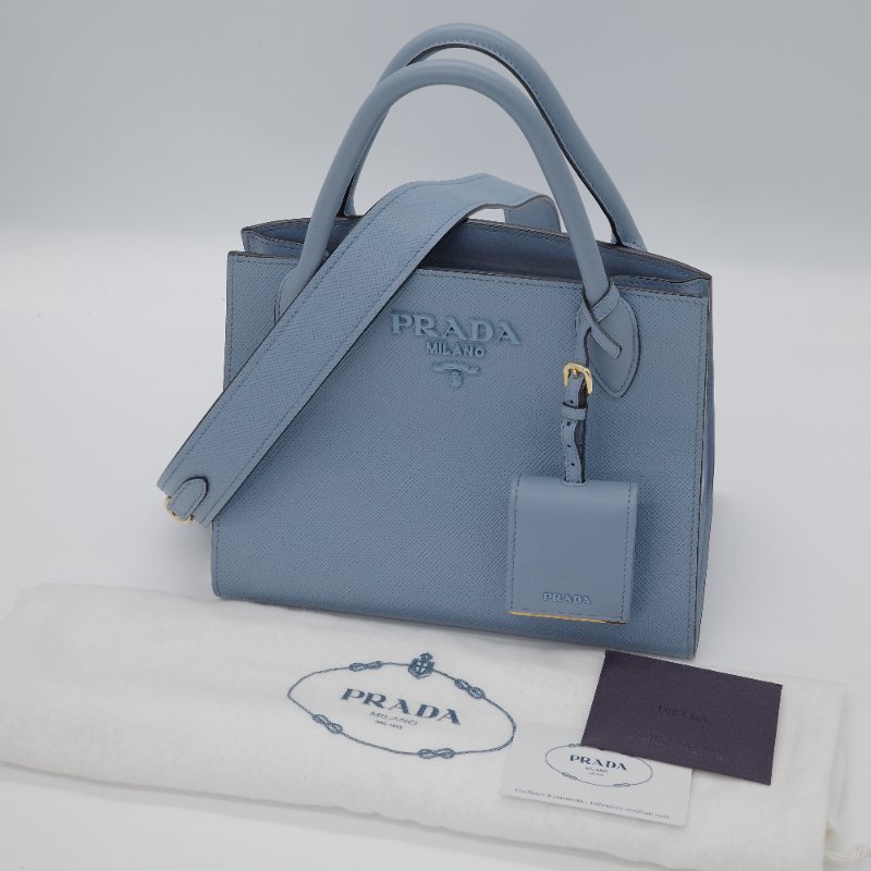 Prada普拉達 Saffiano 淺藍色 牛皮 小號 手提包 肩背包 托特包-0