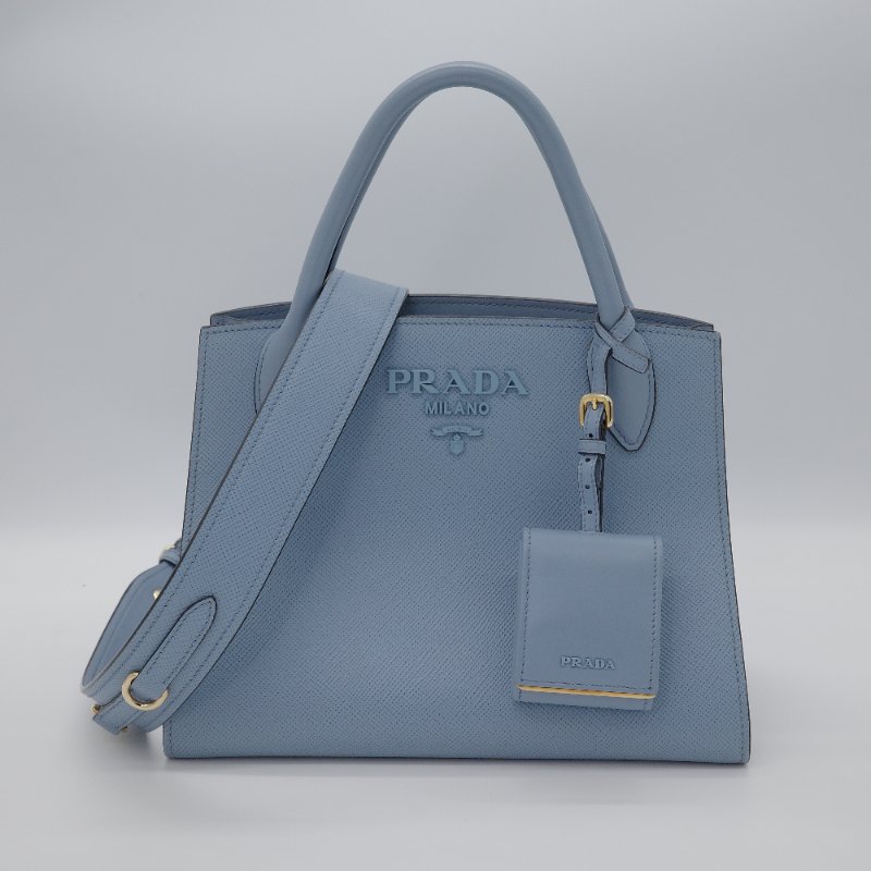 Prada普拉達 Saffiano 淺藍色 牛皮 小號 手提包 肩背包 托特包-1