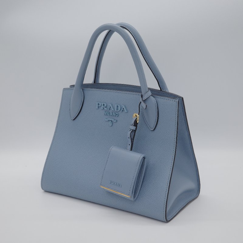 Prada普拉達 Saffiano 淺藍色 牛皮 小號 手提包 肩背包 托特包-2