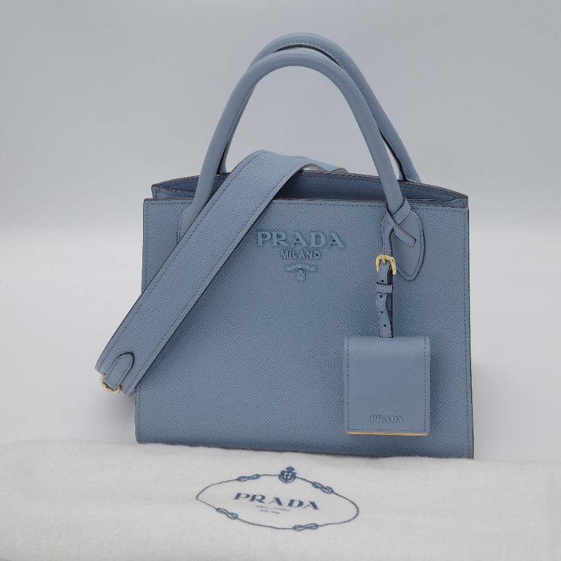 Prada普拉達 Saffiano 淺藍色 牛皮 小號 手提包 肩背包 托特包-6