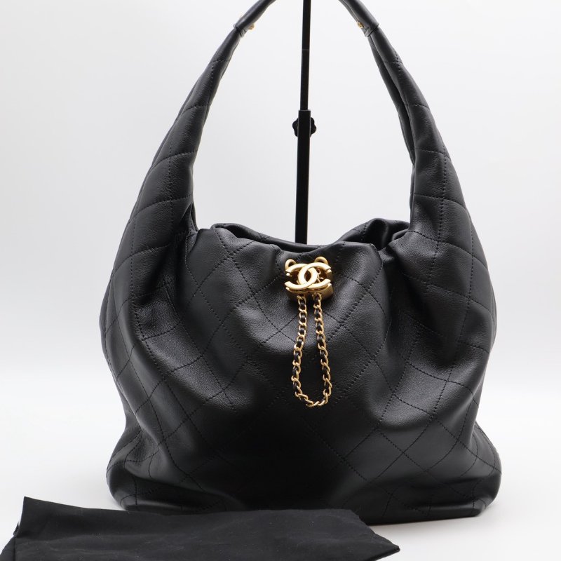 CHANEL 26C牛皮單肩嬉皮Hobo - 中號黑金-12
