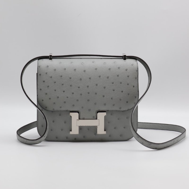 HERMES Mini constance 19 - 鴕鳥皮冰川藍銀 W-0