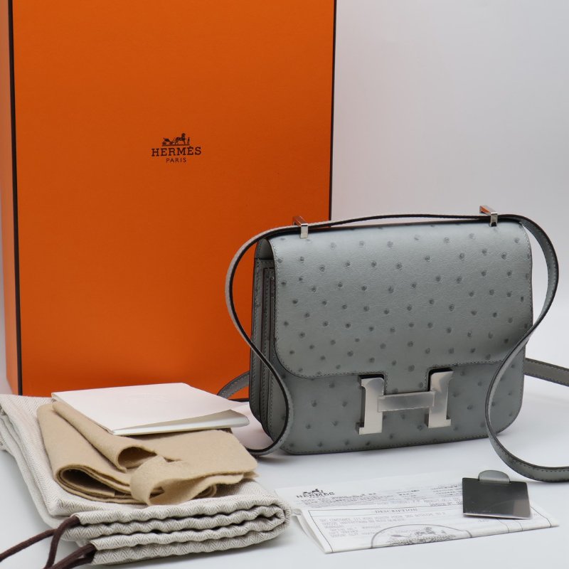 HERMES Mini constance 19 - 鴕鳥皮冰川藍銀 W-15