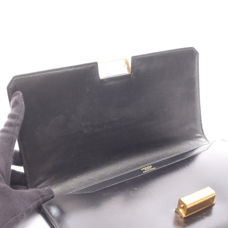 愛馬仕復古商務手拿包 J Box 小牛皮黑色金色五金二手女士-8