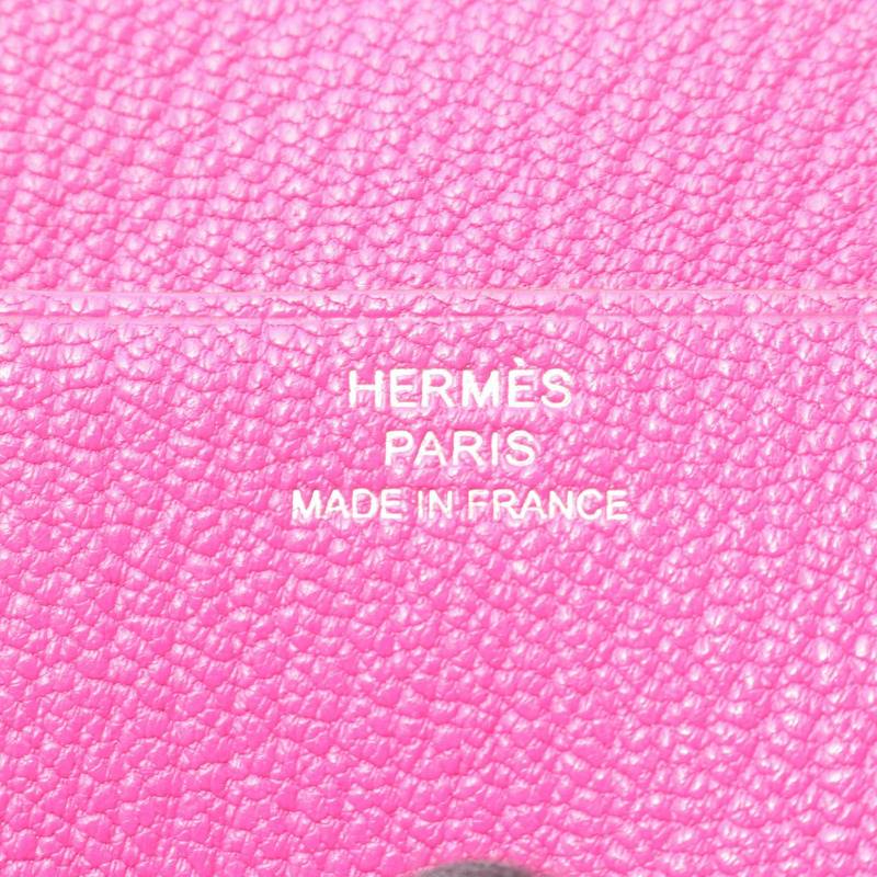 愛馬仕 Bearn 組合式三折皮夾，U 型山羊皮玫瑰紫色，二手 SHW-4