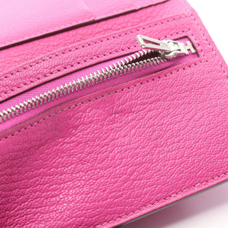 愛馬仕 Bearn 組合式三折皮夾，U 型山羊皮玫瑰紫色，二手 SHW-6