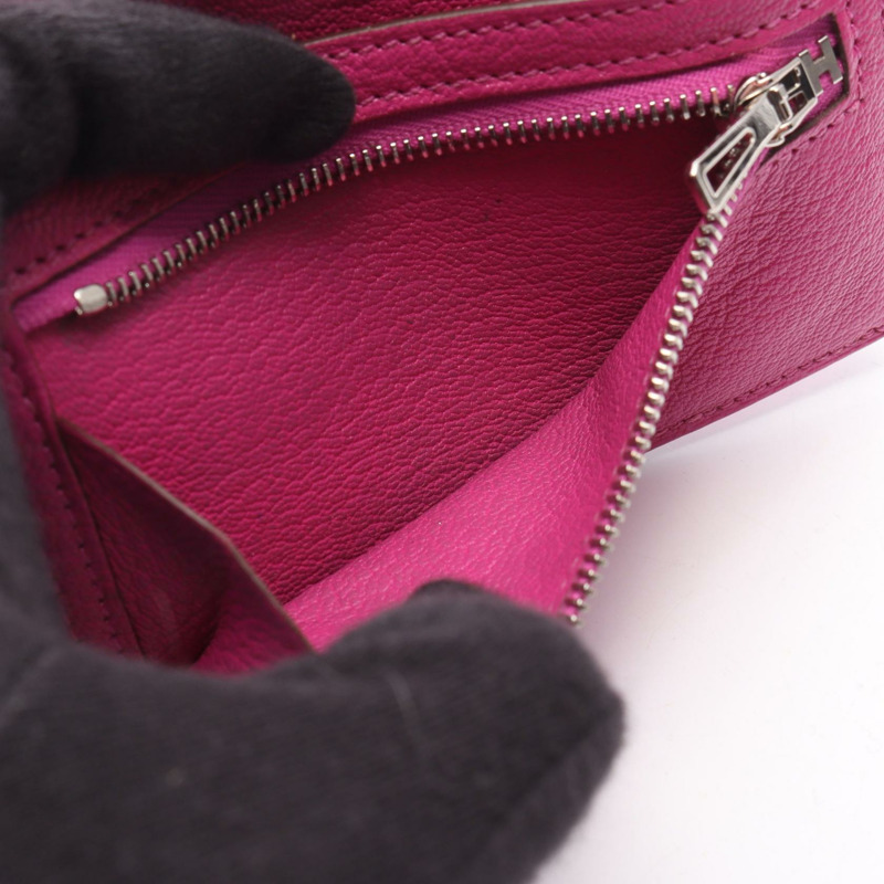 愛馬仕 Bearn 組合式三折皮夾，U 型山羊皮玫瑰紫色，二手 SHW-7