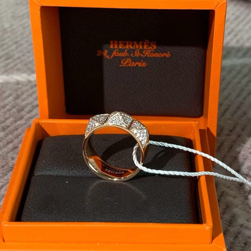 Hermes愛馬仕cdc菱格玫瑰金滿鑽戒指52號，2025購入-0