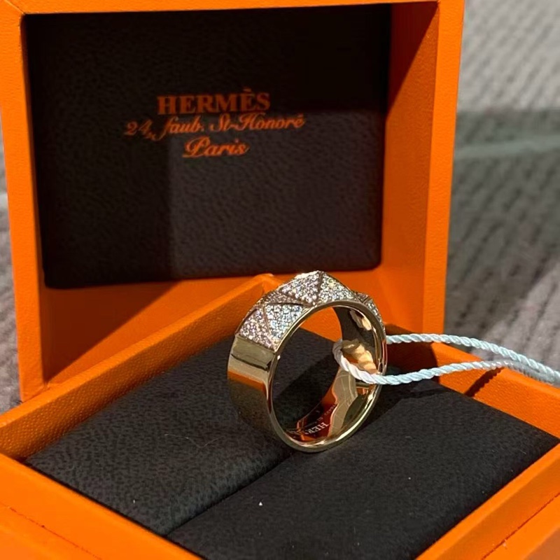 Hermes愛馬仕cdc菱格玫瑰金滿鑽戒指52號，2025購入-4
