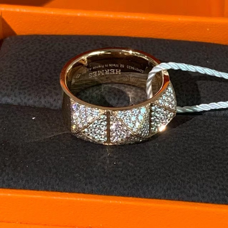 Hermes愛馬仕cdc菱格玫瑰金滿鑽戒指52號，2025購入-5