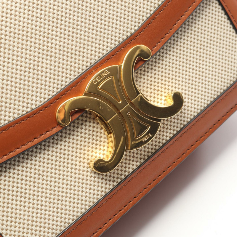 CELINE Teen Triomphe 肩斜背包，帆布皮革，米棕色，二手-8