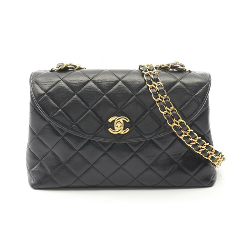 香奈兒 (CHANEL) 絎縫鏈條肩背斜背包，羊皮材質，黑色，金色五金，二手 CC