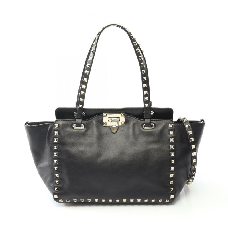 Valentino 鉚釘雙肩手提包，黑色真皮，二手女款-0
