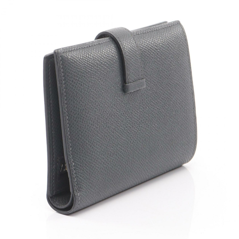 愛馬仕 BEARN 緊湊型雙折皮夾，Epsom 皮革，灰褐色，二手，帶五金配件-1