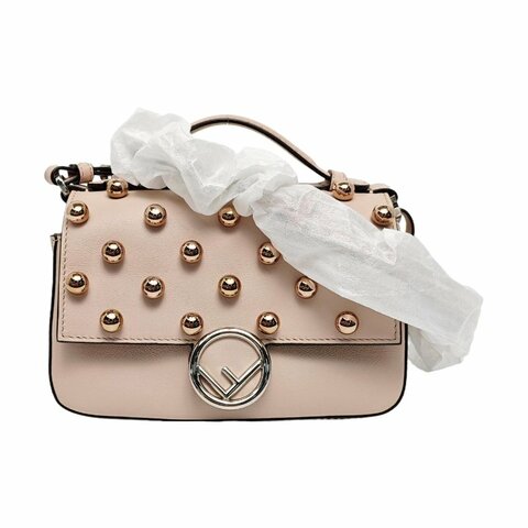 FENDI粉色牛皮斜挎包單肩包銀色玫瑰金五金可拆卸肩帶配件齊全