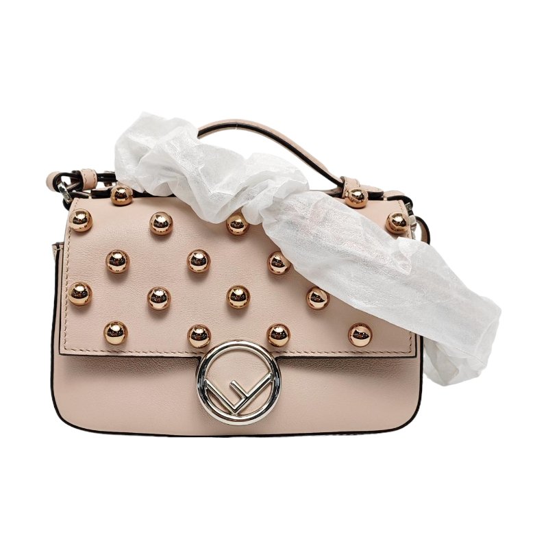 FENDI粉色牛皮斜挎包單肩包銀色玫瑰金五金可拆卸肩帶配件齊全-0