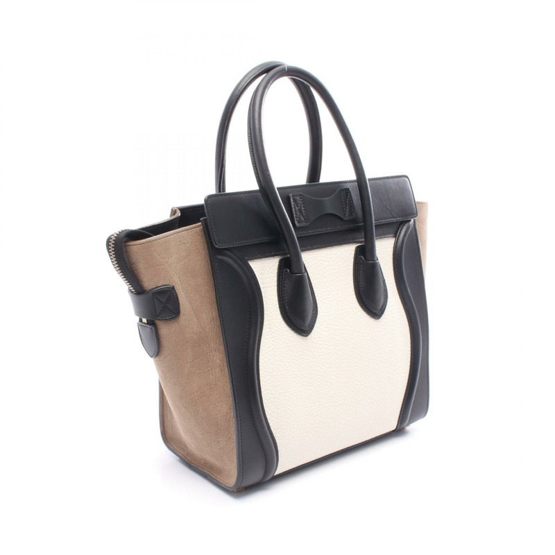 CELINE Luggage 迷你購物手提包，黑色、白色、灰色皮革，二手女款-1