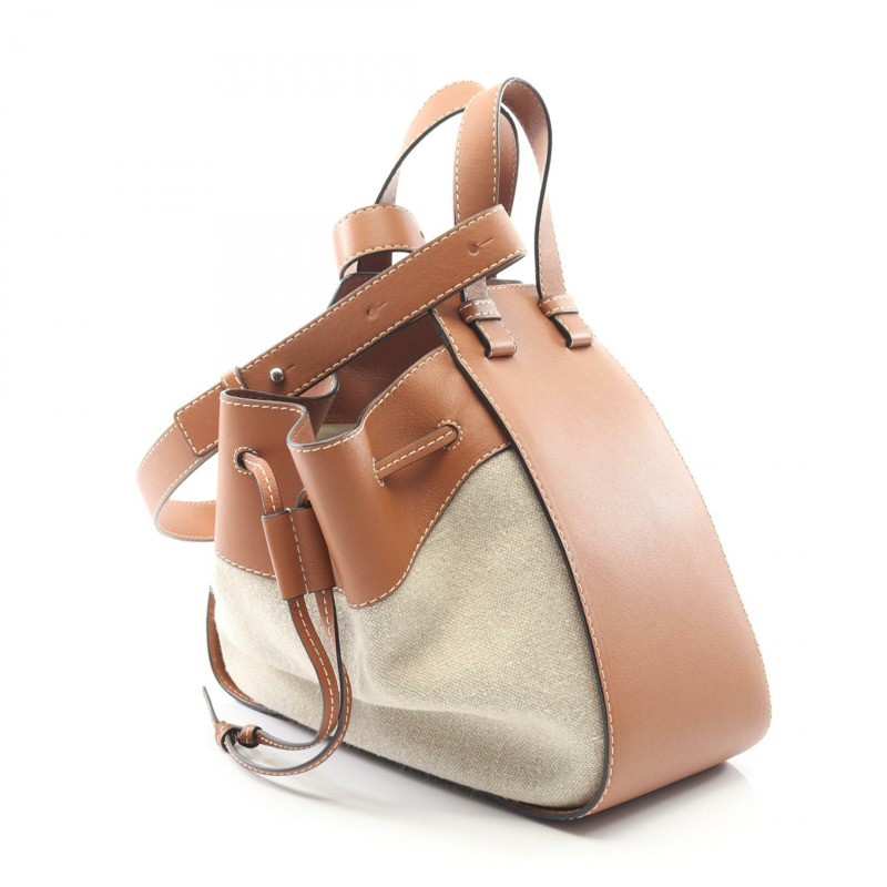 LOEWE Hammock抽繩M號單肩手提包，皮革帆布材質，棕色/米色，二手-1