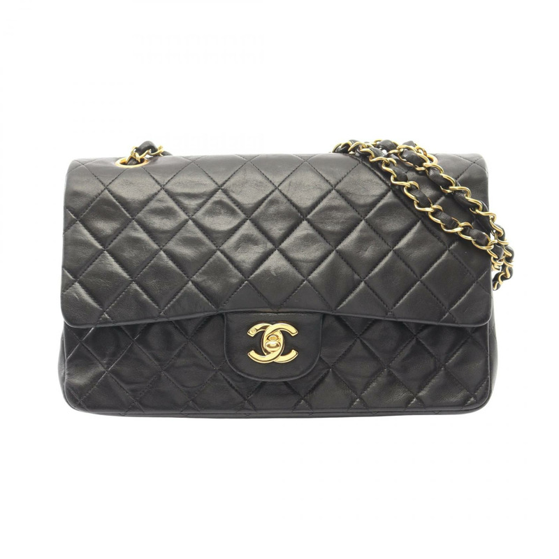 香奈兒 (CHANEL) Matelasse W 翻蓋鏈條單肩背包，羊皮材質，黑色，二手，金色五金，CC-0