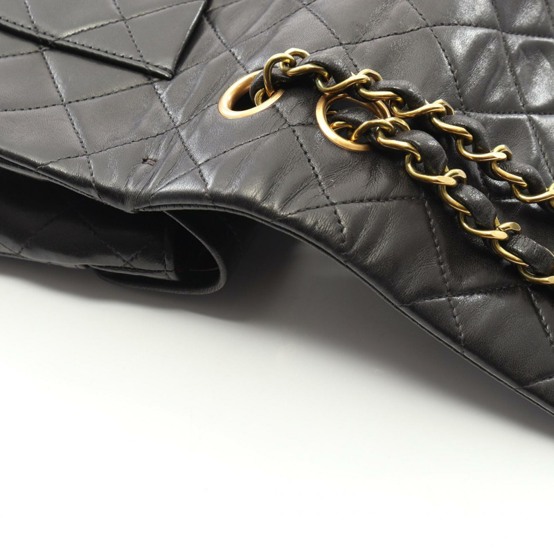 香奈兒 (CHANEL) Matelasse W 翻蓋鏈條單肩背包，羊皮材質，黑色，二手，金色五金，CC-9